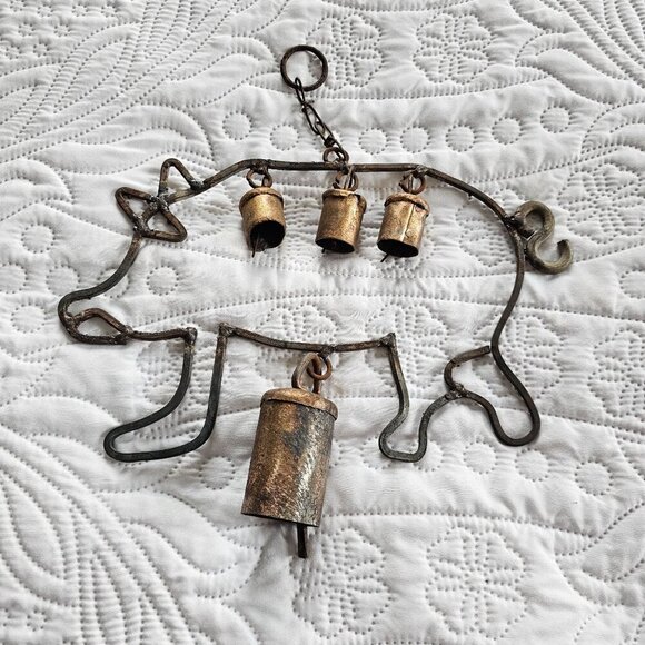 Rustic Metal Pig Wind Chime With Hanging Bells & Chain For Outdoor Decor - Picture 1 of 10